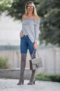 cowl neck grey sweater off the shoulder grey sweater elongated hem grey sweater over the knee suede boots skinny jeans jeans for fall