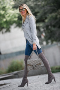 elongated hem pullover fall outfit under $100 boots that stay up cowl neck top under $100 jaime shrayber