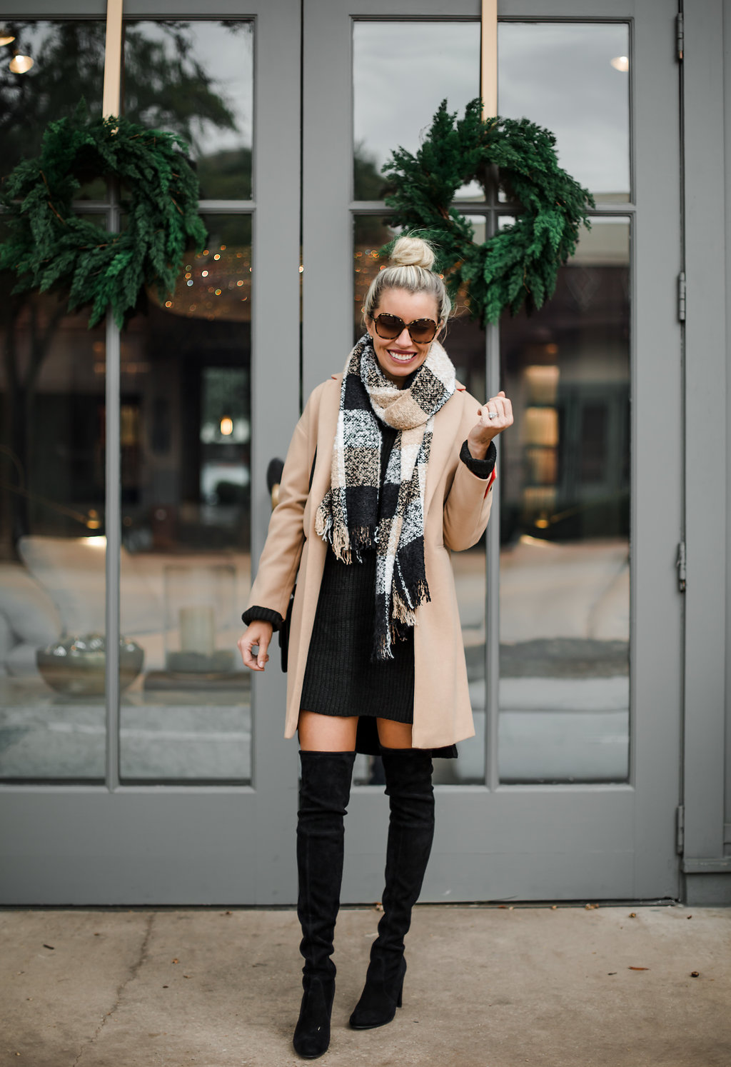 sweater dress worn two ways one with a coat and the other with a poncho