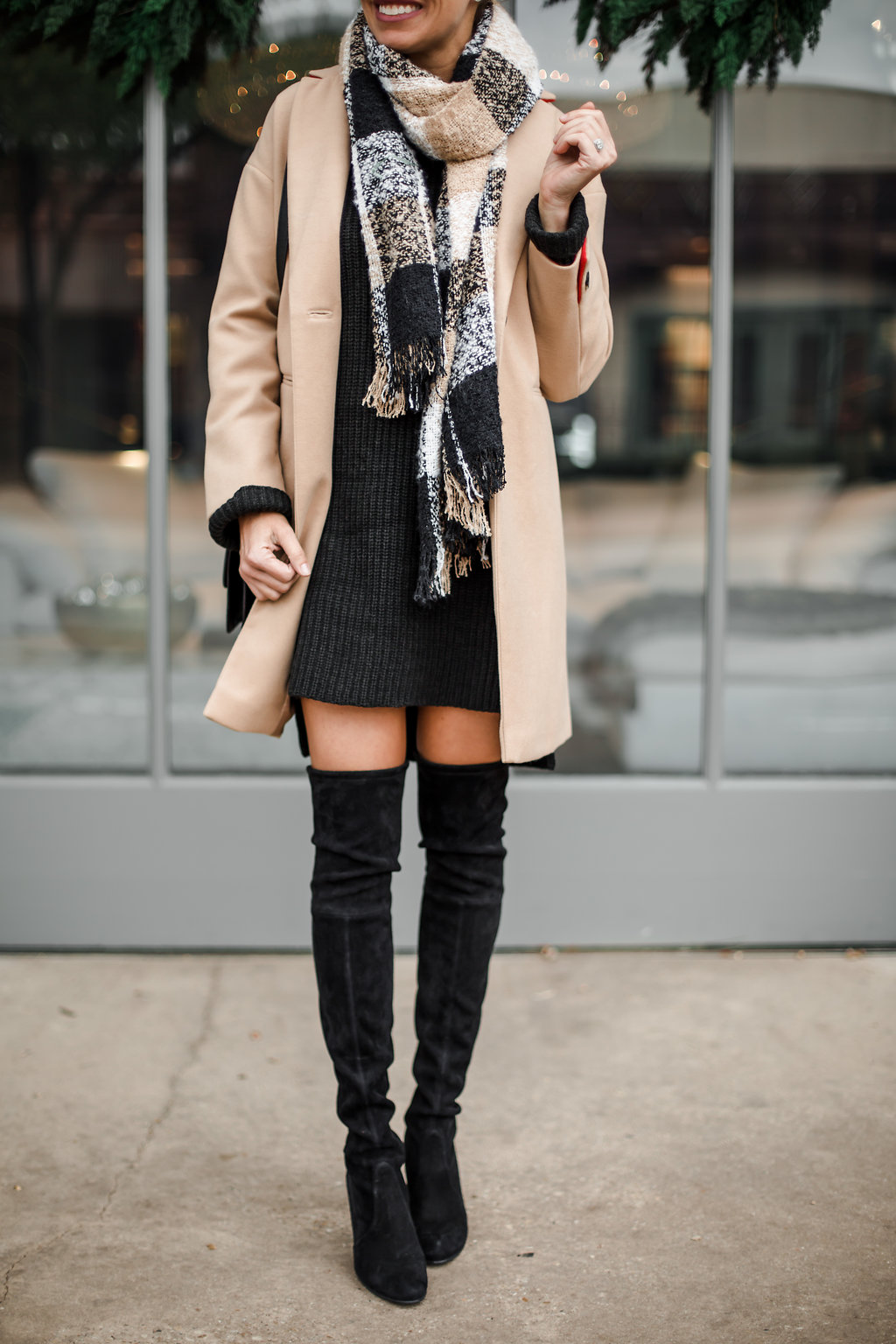 sweater dress worn two ways one with a coat and the other with a poncho
