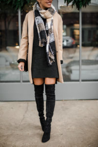 black ribbed sweater dress ribbed long sleeve sweater dress oversized plaid scarf brown and black scarf black suede boots