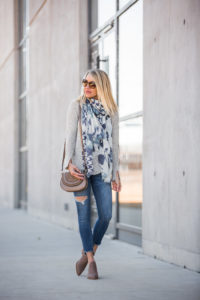 ankle bootie - blush bootie - booties for spring - transition booties for spring - suede boots - suede booties - closed toe booties - pointed toe booties - layering top - long sleeved top - grey top for layering - ripped denim - ripped jeans - skinny denim - skinny jeans - distressed denim - distressed jeans