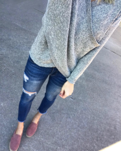 grey knit sweater - wrap sweater - sweater with wrap detail - wrap front sweater - grey wrap sweater - cozy sweater - sweater for $50 - ripped jeans - ripped denim - skinny jeans - fashion trends - casual style - casual outfit - everyday outfit - jaime shrayber