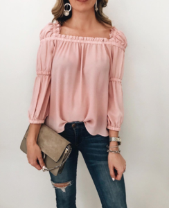 ruffle blouse - flirty blouse - feminine blouse - pale pink top - top with ruffle detail - top with square neck - square neckline detail - neutral bag - brown suede bag - designer bag