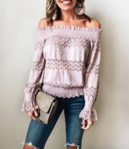 lavender top - lavender blouse - over the shoulder blouse - over the shoulder top - pink blouse - pink top - pink top for spring - lace detail - top with lace detail - matching colored earrings - fashion trends - spring fashion - spring style - personal style - jaime shrayber