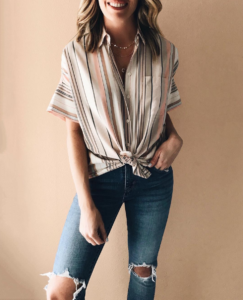 striped top - striped blouse - button down shirt - button down blouse - multi colored stripes - multi colored top - short sleeved top - short sleeved blouse - skinny jeans - skinny denim
