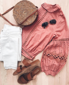 spring top - coral top - coral blouse - spring blouse - top with statement sleeves - billow sleeves - white denim - white jeans - outfit for spring - brown sandals