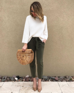 green joggers - green pants - army green joggers - oversized sweater - oversized white sweater - cage handbag - wooden handbag - wooden pure - cage purse - fashion trends - spring style - spring fashion - jaime shrayber