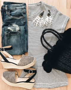 casual outfit - black bag - black straw bag - cheetah heels - cheetah espadrilles - striped top - striped tee