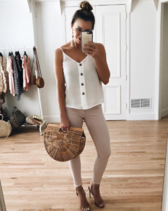 button up top - button up tank top - white tank - white tank top - pink jeans - pink denim - skinny denim - skinny jeans - cage handbag - cage purse