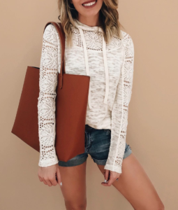 lace sweater - pullover with lace detail - cut out sweater - cut out pullover - denim shorts - blue jeans shorts - jean shorts - casual look - casual style