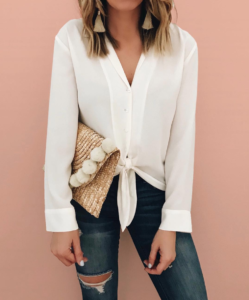 tie up blouse - tie up top - straw clutch - spring clutch - spring handbag - handbag for vacation - clutch for vacation - statement earrings