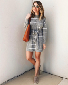 striped dress - grey dress - grey striped dress - dress with ties - grey and white dress - brown tote - leather tote