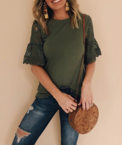 green top - army green blouse - army green top - blouse with lace sleeves - top with lace sleeves - skinny jeans - denim skinny jeans - ripped skinny jeans - ripped denim