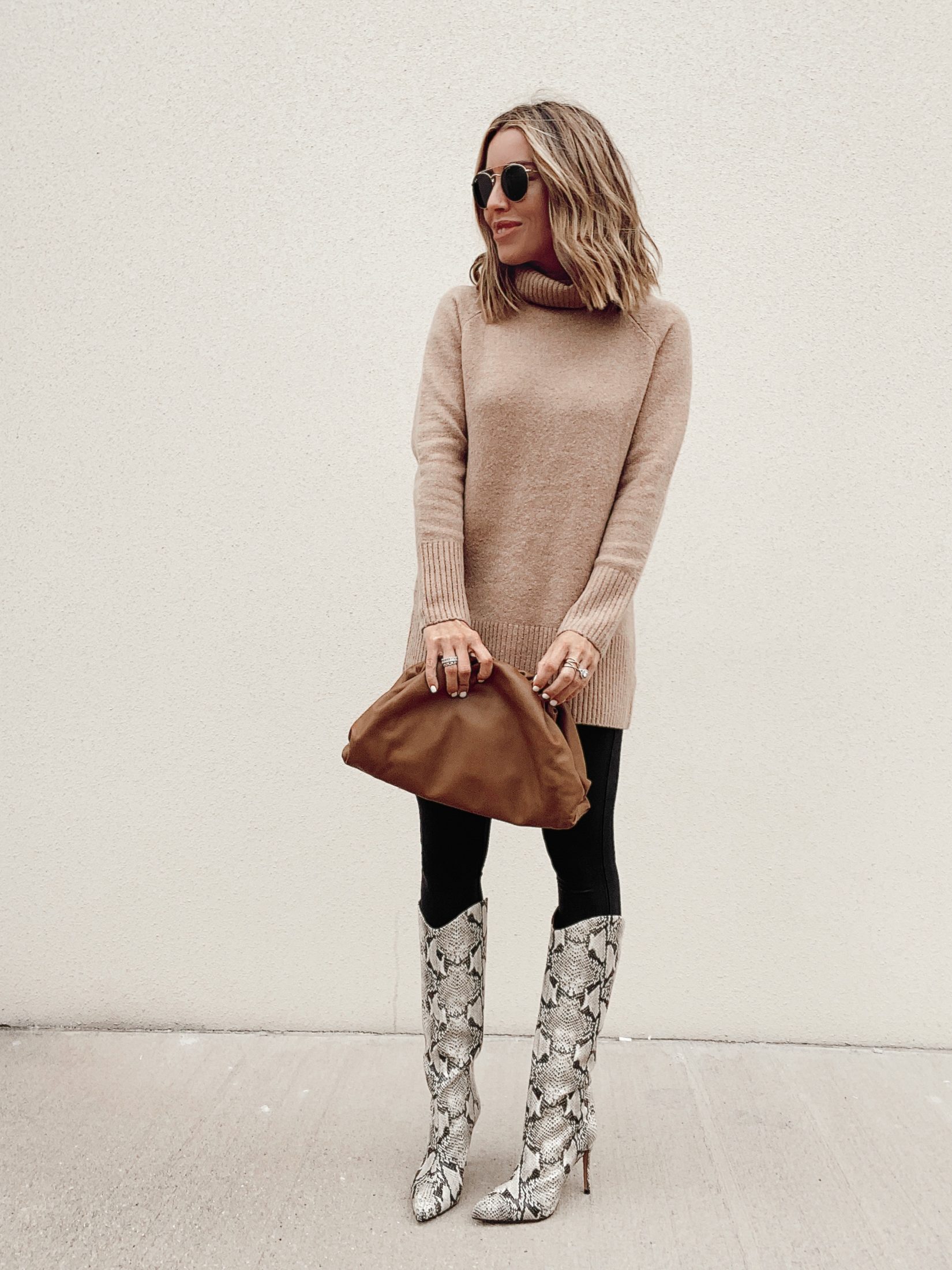 amazon turtleneck sweater with snakeskin knee high boots outfit