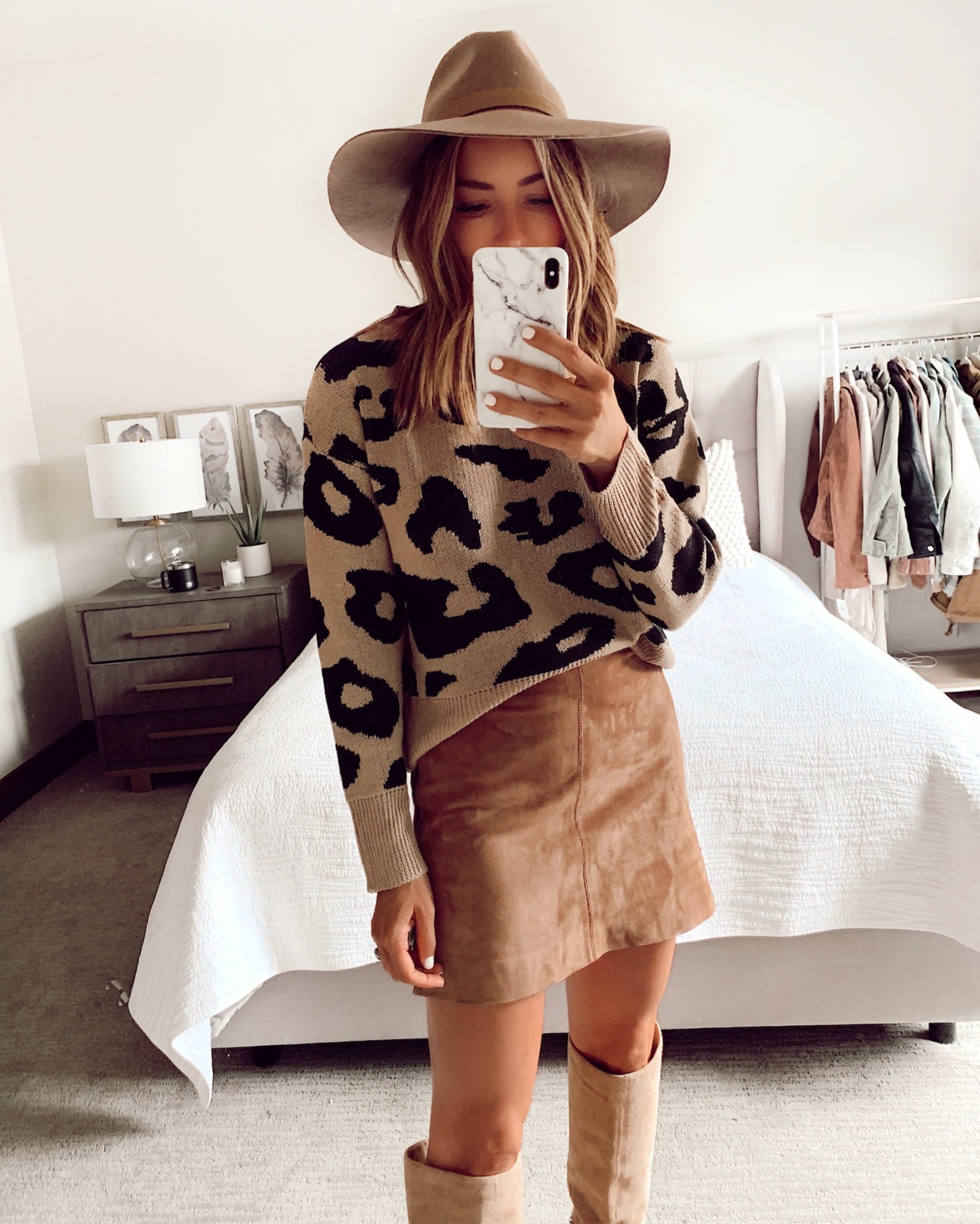 fall outfit with amazon leopard sweater and faux suede mini skirt