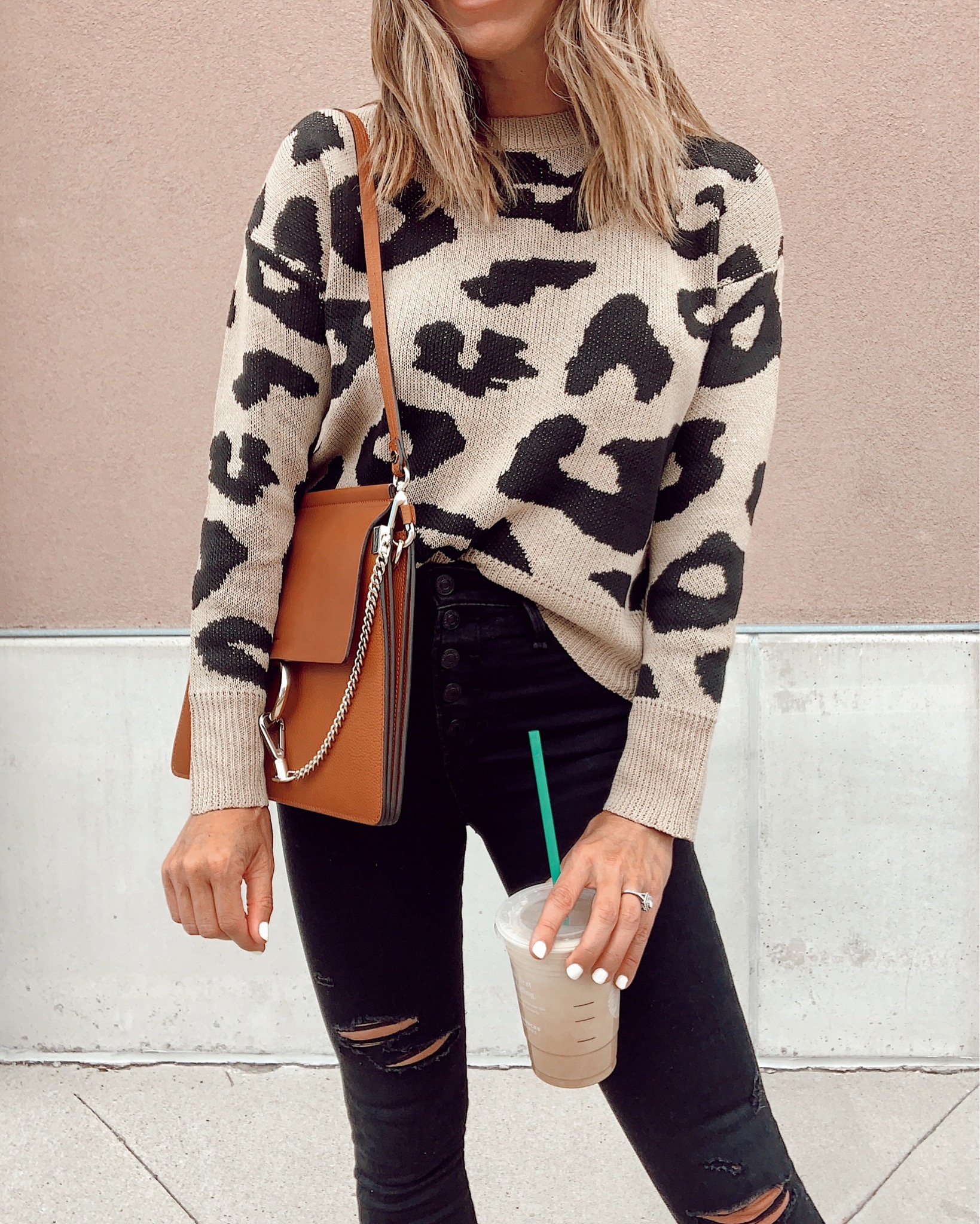 affordable amazon leopard fall sweater with black ripped jeans