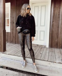 spanx faux leather leopard leggings with amazon prime black sherpa fleece hoodie and golden goose sneakers