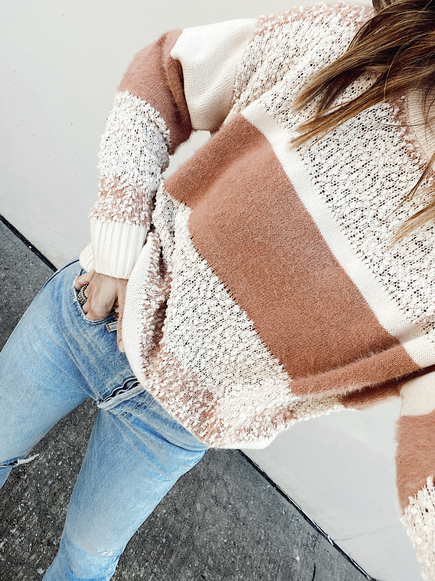 apricot cream textured stripe knit sweater for spring
