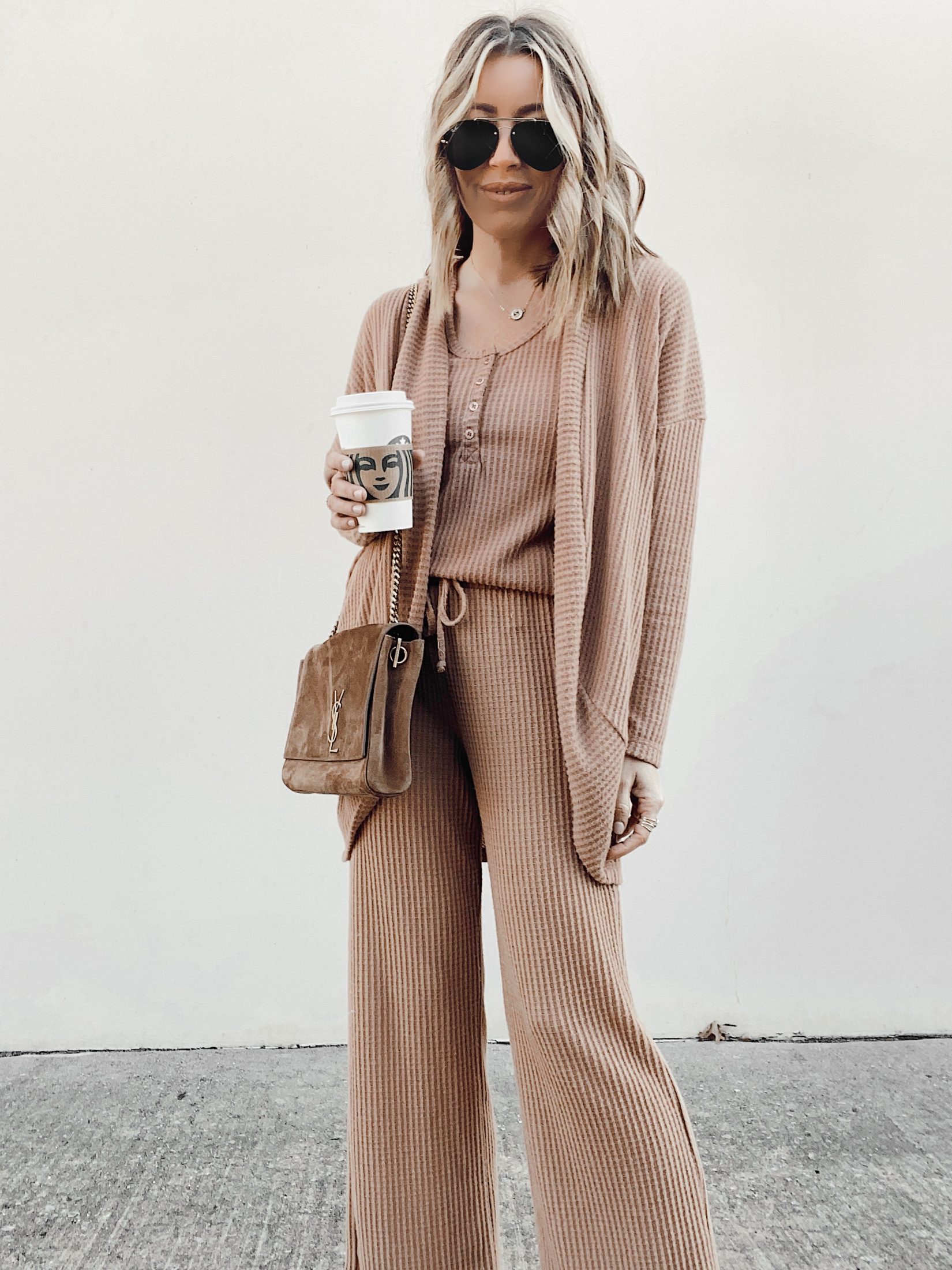 nordstrom socialite camel brown matching cami cardigan and wide leg pants