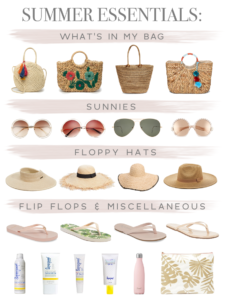 summer bag beach essentials, straw handbag sunglasses floppy hat flip flops supergoop suncreen