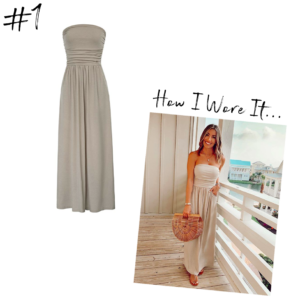 fashion blogger wearing amazon beige strapless maxi dress