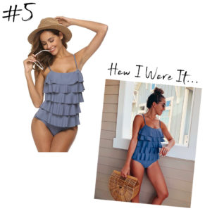 fashion blogger wearing amazon one piece tiered ruffle solid blue swimsuit