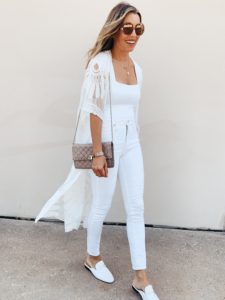 fashion blogger wearing amazon white lace long summer kimono under $25