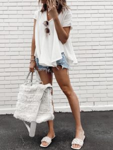 white free people oversized tee with agolde parker vintage shorts and quilted sandals summer outfit