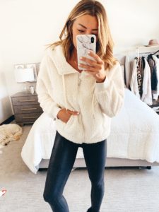 fashion blogger wearing zella farrah hooded fleece jacket