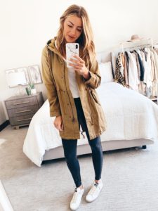 fashion blogger wearing hooded utility jacket