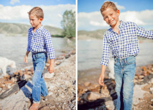 fashion blogger kid wearing preppy navy blue check long sleeve and classic jeans