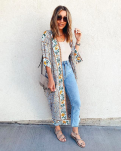 park city fashion blogger wearing date night outfit featuring amazon long printed kimono, button down bodysuit and white pearl sandals