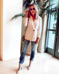 jaime shrayber date night outfit featuring topshop rita blazer with high waist crop step jeans and marc fisher booties
