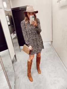 fall outfit idea - leopard print long sleeve mini dress with brown knee boots