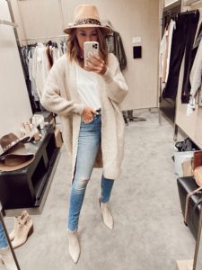jaime shrayber nordstrom anniversary sale 2020 try on - topshop ribbed oat oversized cardigan with rag & bone cate skinny jeans