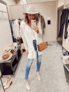 jaime shrayber nsale 2020 try on - barefoot dreams off white long cardigan with Tory Burch moose brown Carson convertible crossbody bag