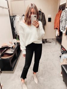 jaime shrayber nordstrom anniversary sale 2020 try on - topshop ivory vneck sweater with mother two step fray hem crop jeans