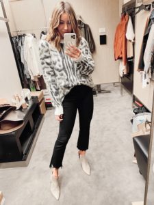 jaime shrayber nordstrom anniversary sale 2020 try on - bp leopard brushed sweater and mother insider two step fray hem crop jeans