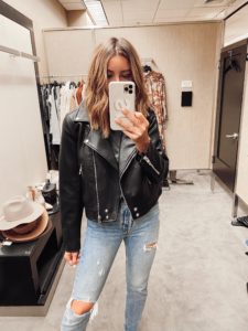 jaime shrayber nordstrom anniversary sale 2020 try on - blanknyc good vibes black faux leather moto jacket and Levi’s 501 jeans