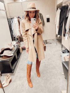 jaime shrayber nordstrom anniversary sale 2020 try on - camel cascade collar wool cashmere coat with sam edelman brown knee high boots