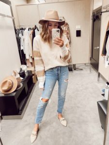 jaime shrayber nordstrom anniversary sale 2020 try on - topshop beige stripe crewneck sweater and levis 501 skinny jeans