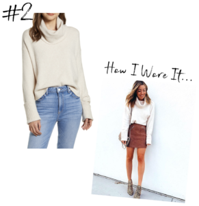 fashion blogger wearing fall outfit featuring cowl neck sweater and suede mini skirt