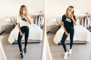fashion blogger wearing white black nike essential sportswear crop tee