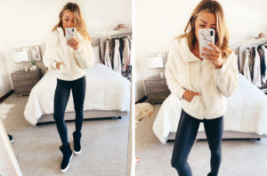 fashion blogger wearing white sherpa nordstrom zip up jacket