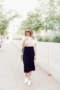 texas fashion blogger wearing the roselyn weaver aline black midi skirt from gibson city safari collection