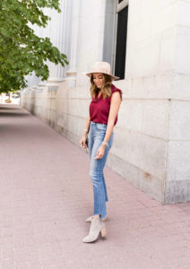 texas fashion blogger wearing the roselyn weaver split neck lace trim top from gibson city safari collection