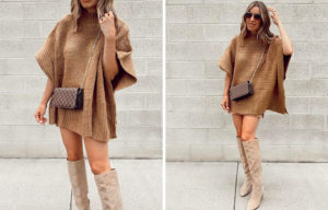 fashion blogger wearing amazon prime camel poncho sweater
