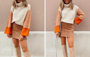 fashion blogger wearing amazon prime colorblock turtleneck fall sweater