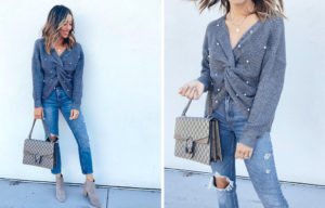 fashion blogger wearing amazon prime one size fits all criss cross pearl sweater